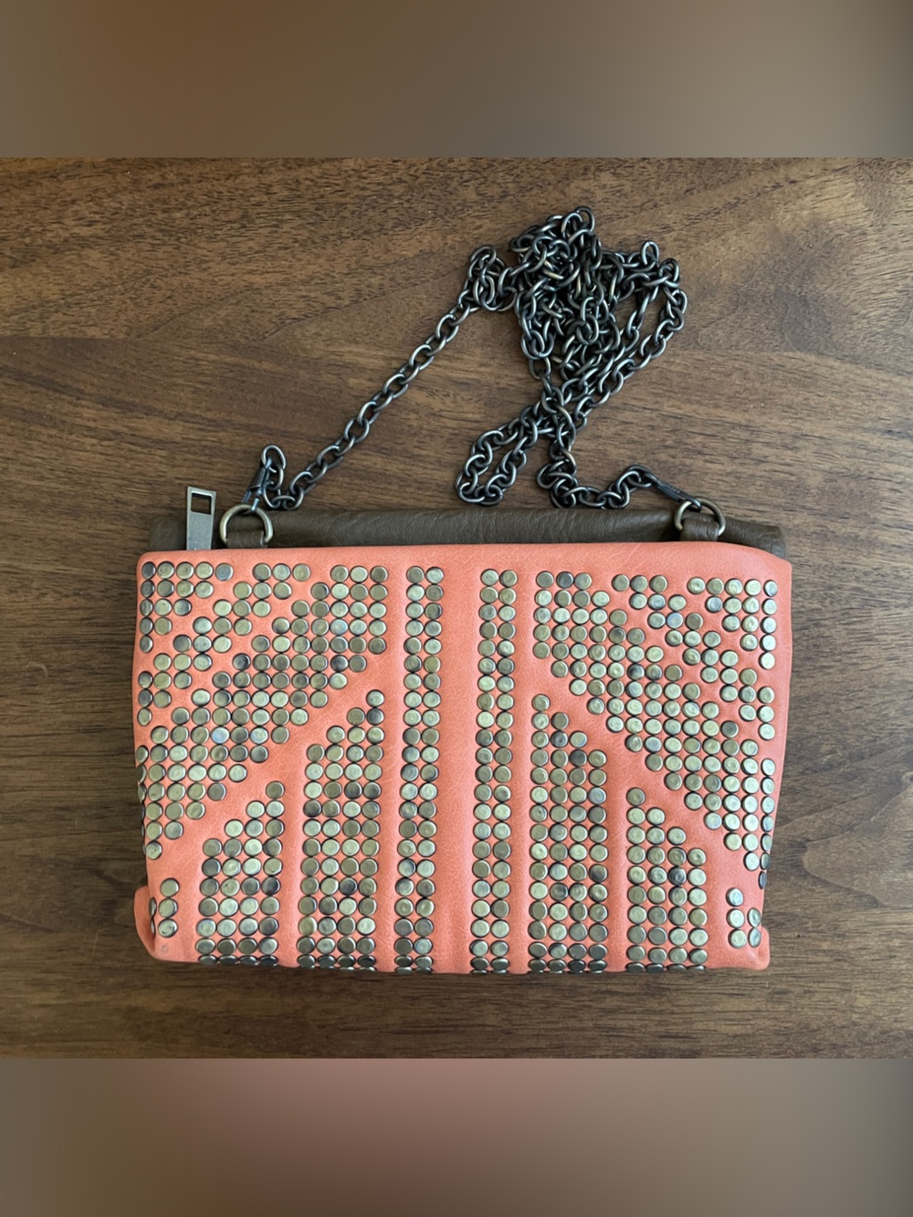 Coral and Taupe Studded Crossbody Bag with Chain Strap